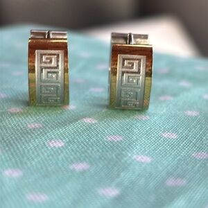 Silver and Gold huggy earrings, Greek key design - stainless steel